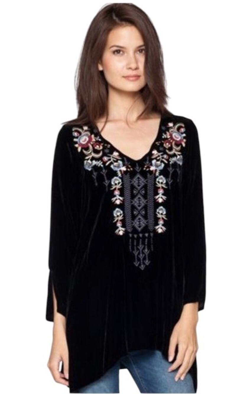 Johnny Was LA Los Angeles Size Large Elise Tunic Black Silk Blend Velvet